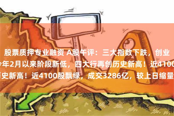 股票质押专业融资 A股午评：三大指数下跌，创业板指、深证成指再创今年2月以来阶段新低，四大行再创历史新高！近4100股飘绿，成交3286亿，较上日缩量175亿